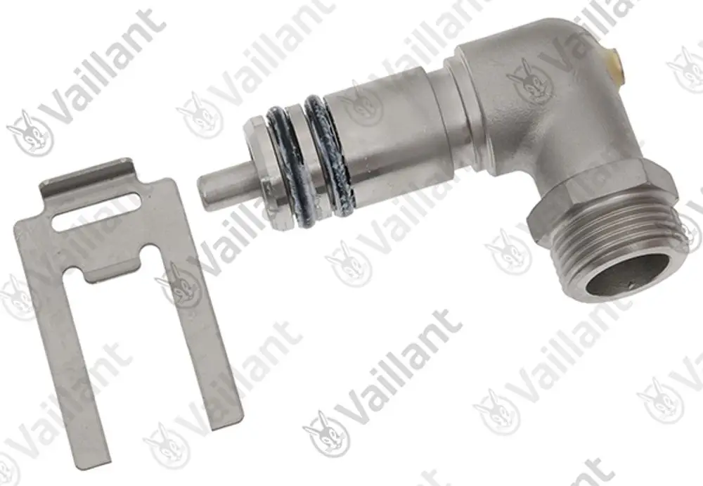 Vaillant Anschlussstück mit einem gebogenen Ende und einem Verbindungsrohr, neben einer metallenen Halterung.